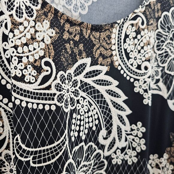 JM Studio Sheath Dress 2X Black Cream Floral Neutral Fall Lightweight Stretch - Picture 7 of 9